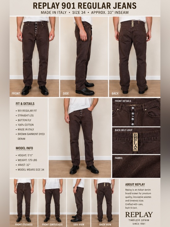 Replay Other - Replay 901 Regular Brown Button Fly Jeans Men's Size 34 VTG Straight Leg Denim